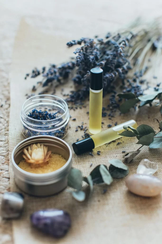 herbs, crystals, parchment, oils